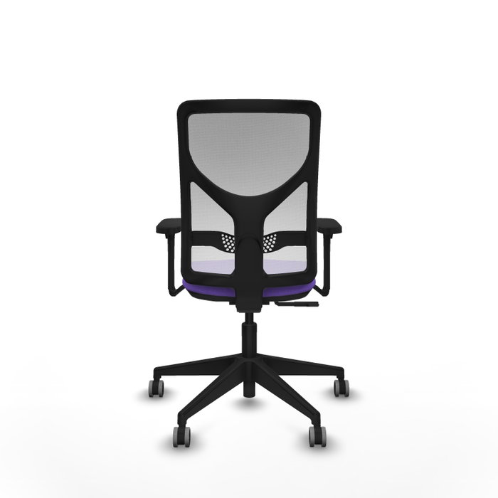 Chaise Motilla Synchro 3 positions tissu Violet Maille Blanc Base pyramidale noire Accoudoir 3D Sans appui-tête Roulettes 65mm pour moquette