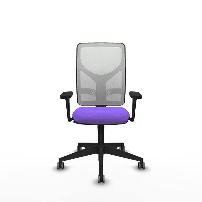 Chaise Motilla Synchro 3 positions tissu Violet Maille Blanc Base pyramidale noire Accoudoir 3D Sans appui-tête Roulettes 65mm pour moquette