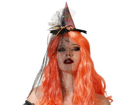 Atosa Diadema Sombrero de Bruja Metalizado Mujer Adulto avec voile étoilé et nœud orange