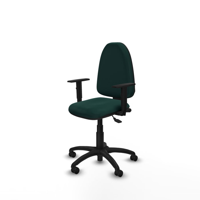 Chaise de bureau Aýna avec mécanisme asynchrone, revêtement en simili cuir vert bouteille. Équipée d'une base en polyamide noir, d'accoudoirs 1D et de roulettes pour parquet