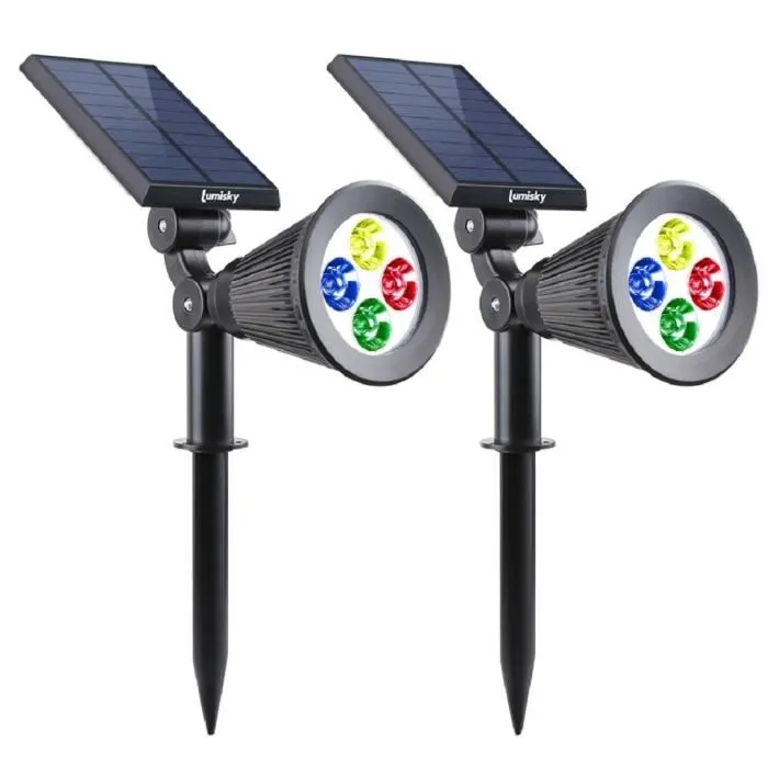 Lumisky Pack de 2 Spots Solaires Extérieurs Étanches avec 4 LEDs RGB, 200 Lumens, Tête Pivotante à 90°, Autonomie 8-10h, Éclairage de Sécurité Lumisky Pack de 2 Spots Solaires Extérieurs Étanches avec 4 LEDs RGB, 200 Lumens, Tête Pivotante à 90°, Autonomie 8-10h, Éclairage de Sécurité