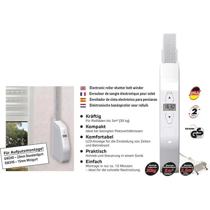 Superrollo Enrouleur de sangle électrique GW245 15 mm blanc câble 1,5 m Superrollo Enrouleur de sangle électrique GW245 15 mm blanc câble 1,5 m