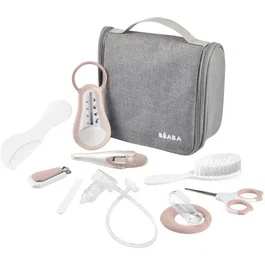 Beaba - Trousse de toilette bébé avec 10 accessoires (thermomètre, ciseaux, peigne, anneau de dentition, mouche-bébé) - Organisation à élastiques et poche zippée - Vieux rose