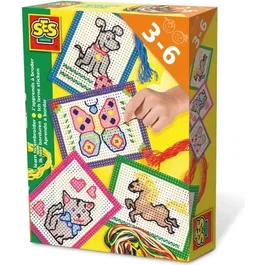 Ses Creative J'apprends à broder, coffret de 4 cartes pré-imprimées et perforées (chat, papillon, cheval, chien), toile à gros trous pour enfants à partir de 3 ans
