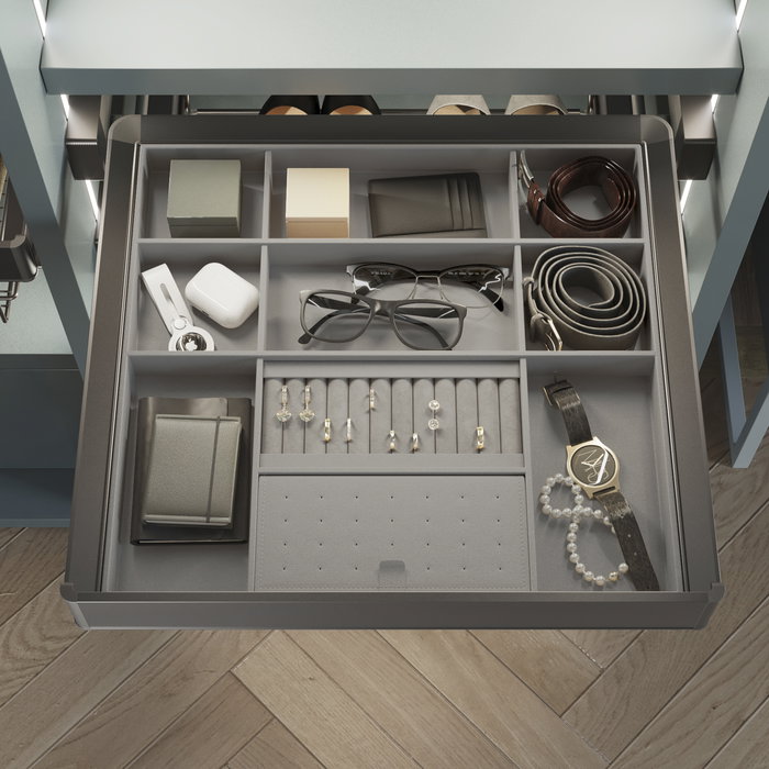 Emuca Kit tiroir organisateur et rack ajustable Quartz pour armoires, glissières extension totale et à fermeture douce, Module 90cm, Finition Titane