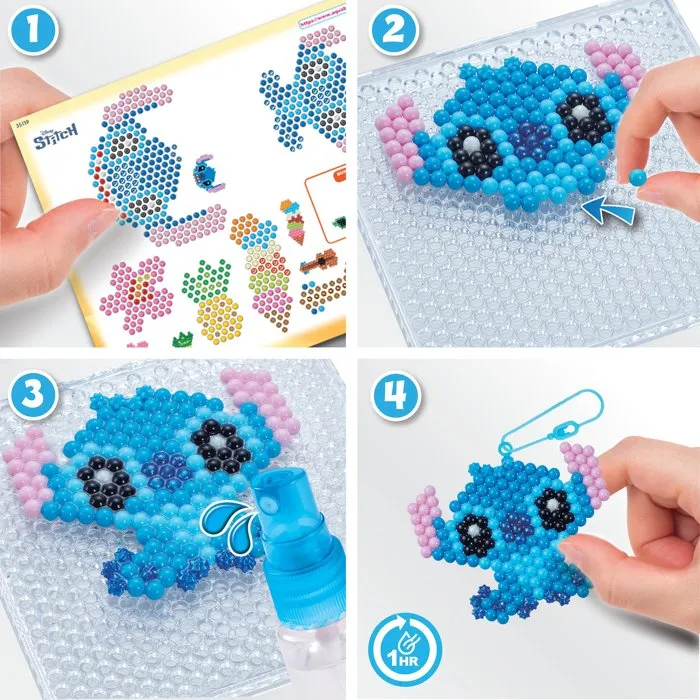 Aquabeads - Kit de création Stitch - 700 perles multicolores avec canevas, vaporisateur et attaches - Porte-clés - A partir de 4 ans