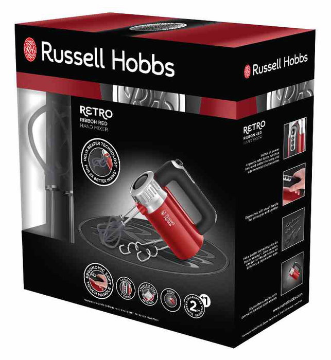 Russell Hobbs 25200-56 Batteur-pétrisseur 500W, design rétro rouge, 4 vitesses + fonction turbo, avec socle de rangement et poignée ergonomique Russell Hobbs 25200-56 Batteur-pétrisseur 500W, design rétro rouge, 4 vitesses + fonction turbo, avec socle de rangement et poignée ergonomique