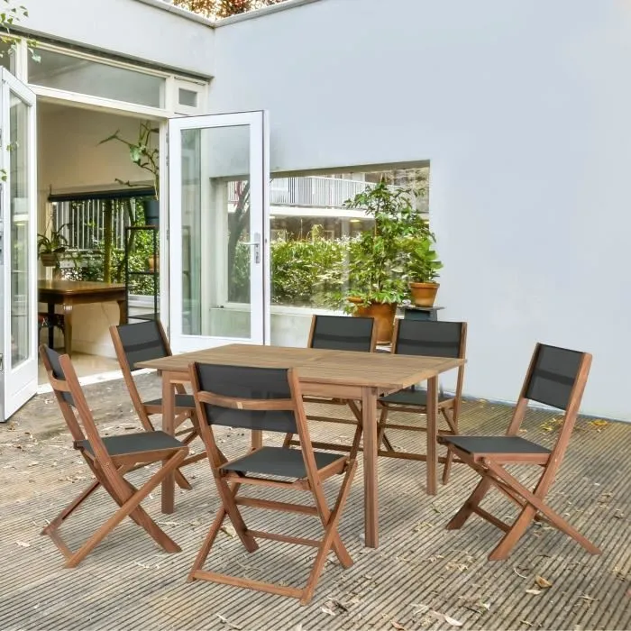 EDEN - Lot de 2 chaises de jardin pliantes en bois d'acacia FSC avec assise textilene, Gris, 58 x 58 x H90 cm