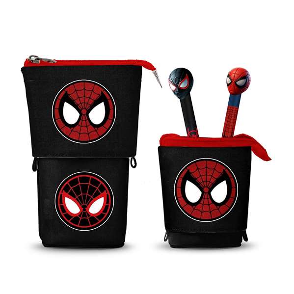 Karactermania - Étui Porte-Tout Vertical et 2 Stylos Gel Spider-Man Peter Parker, Décorations, avec 10 Emplacements de Couleurs
