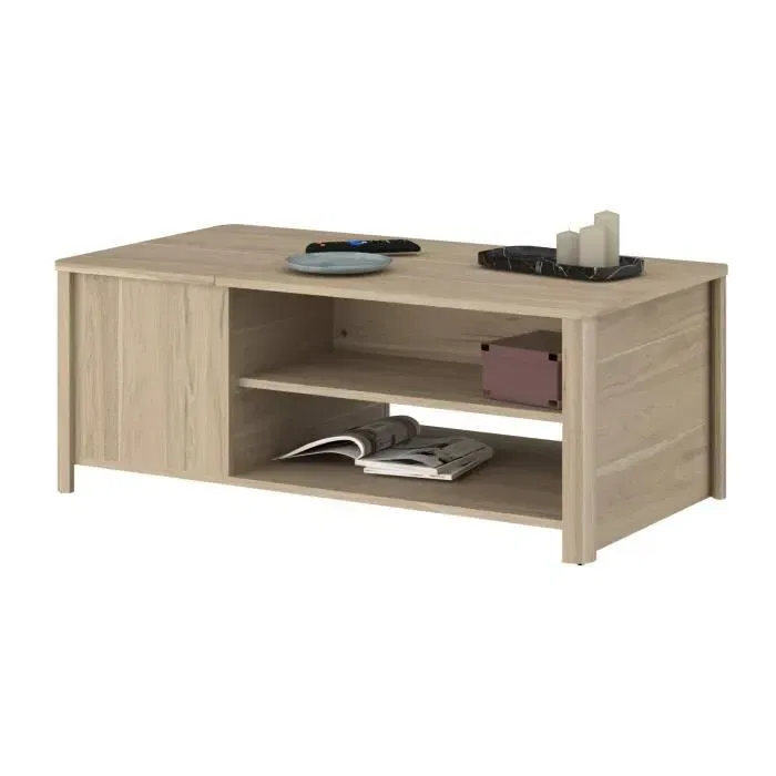 Parisot - Table basse Betty rectangulaire en panneau de particules avec décor chêne - Coffre et 2 niches - Fabrication française - L110 x P60 x H42 cm