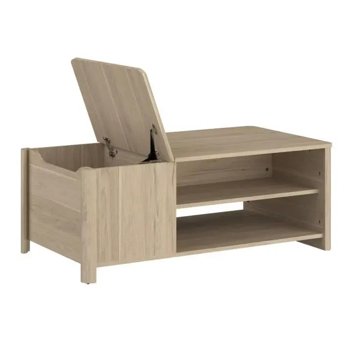 Parisot - Table basse Betty rectangulaire en panneau de particules avec décor chêne - Coffre et 2 niches - Fabrication française - L110 x P60 x H42 cm