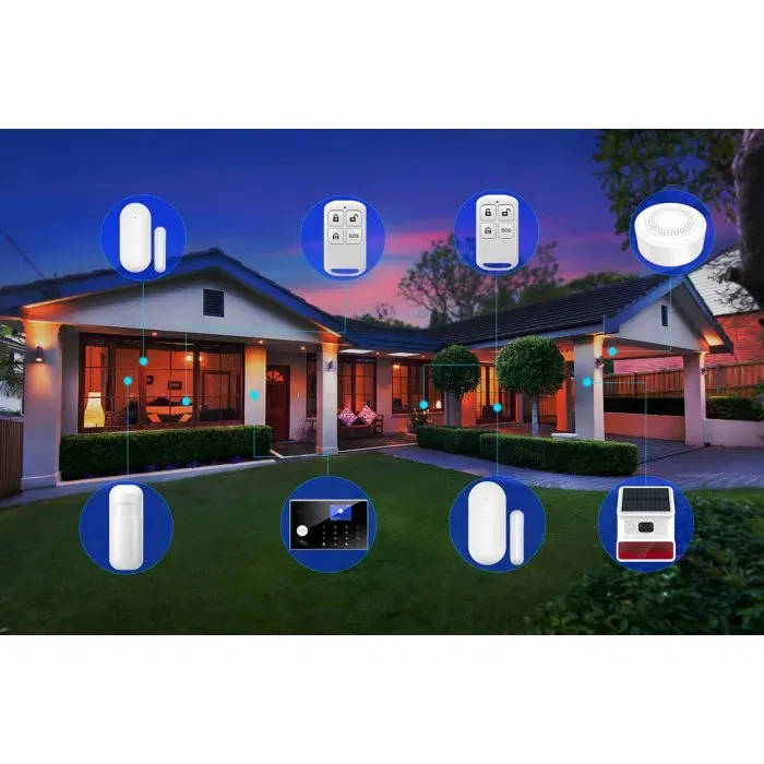 Link2Home - Kit alarme sans fil avec contrôle smartphone via application, sirènes 90 dB et 100 dB solaire, détecteur mouvement, capteurs, badges RFID - Compatible Tuya et Alexa