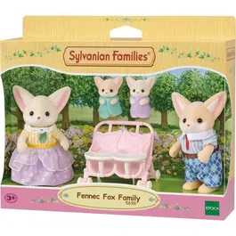 Sylvanian Families - Famille Fennec - Poupée Articulée avec 4 Personnages (Parents et Bébés), Habits Amovibles et Poussette Double - Jouet Enfant dès 3 Ans