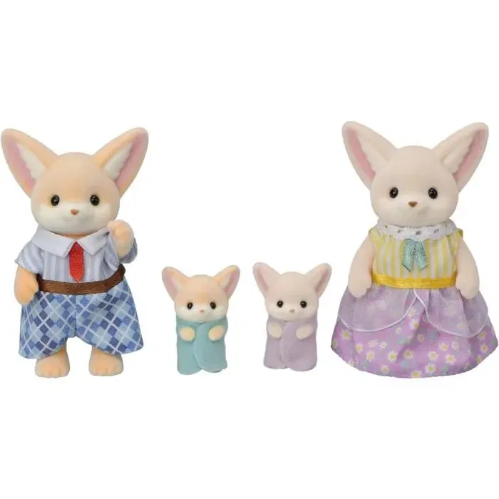 Sylvanian Families - Famille Fennec - Poupée Articulée avec 4 Personnages (Parents et Bébés), Habits Amovibles et Poussette Double - Jouet Enfant dès 3 Ans