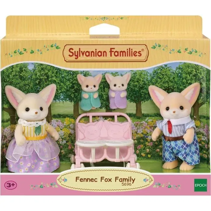 Sylvanian Families - Famille Fennec - Poupée Articulée avec 4 Personnages (Parents et Bébés), Habits Amovibles et Poussette Double - Jouet Enfant dès 3 Ans