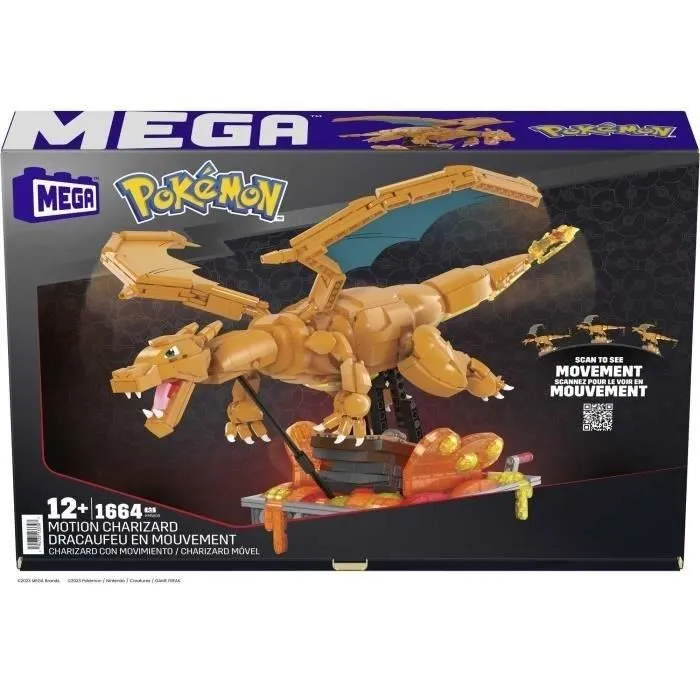 Mega Construx - HMW05 - Coffret de Construction Pokémon Dracaufeu en Mouvement (1663 pièces) - Figurine Articulée Détachable avec Base Décorative
