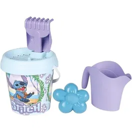 Smoby Seau de Plage Stitch Garni avec Tamis, Râteau, Pelle, Arrosoir et Moule à Sable - Pour Enfants dès 18 Mois - Diamètre 17 cm