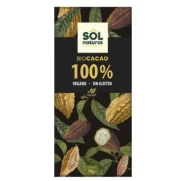 SOLNATURAL Tablette de cacao pur 100% bio, vegan et sans gluten 70g