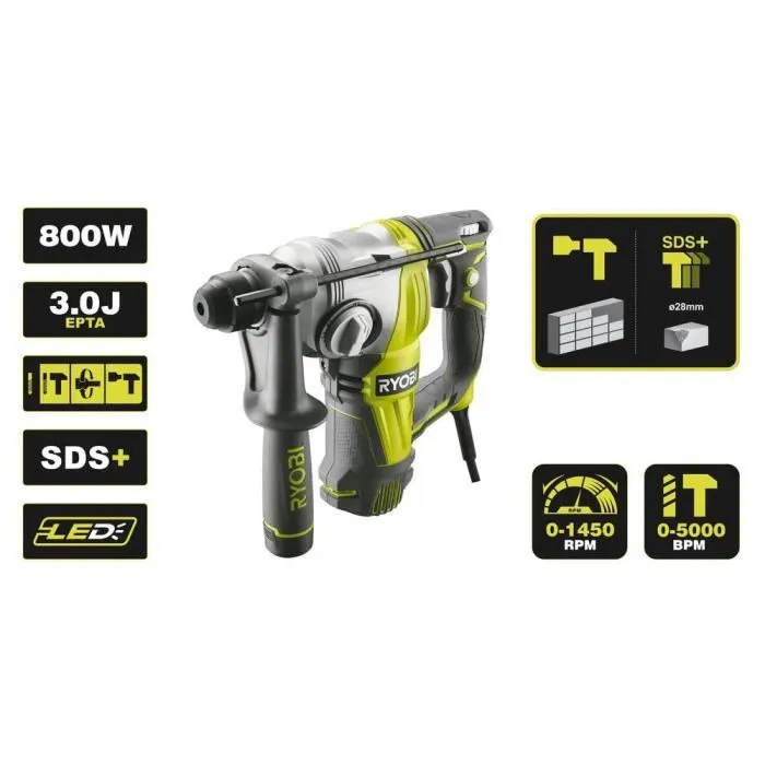 Ryobi RSDS800-KC Perforateur-Burineur SDS+ 800 W 4 Modes 3.0 J avec Coffret, Butée, Poignée 360° et Foret SDS+ 6 mm