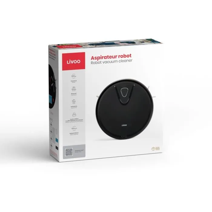Livoo Robot Aspirateur DOH135N - 800 Pa - Autonomie 70 min - Réservoir 500 mL - Niveau sonore 67 dB - Noir Livoo Robot Aspirateur DOH135N - 800 Pa - Autonomie 70 min - Réservoir 500 mL - Niveau sonore 67 dB - Noir