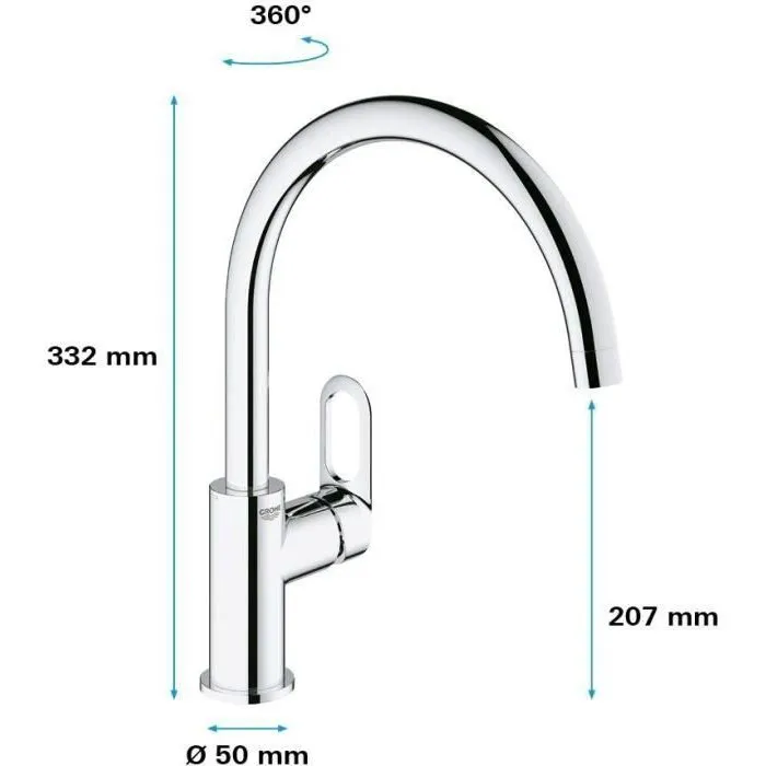 GROHE Mitigeur Monocommande pour Évier, Robinet de Cuisine à 1 Volant, Chromé Brillant