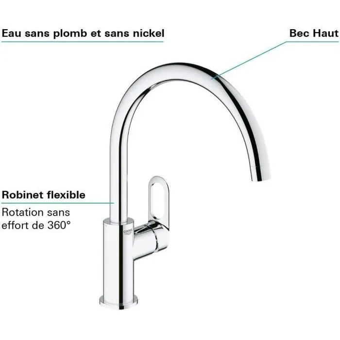 GROHE Mitigeur Monocommande pour Évier, Robinet de Cuisine à 1 Volant, Chromé Brillant