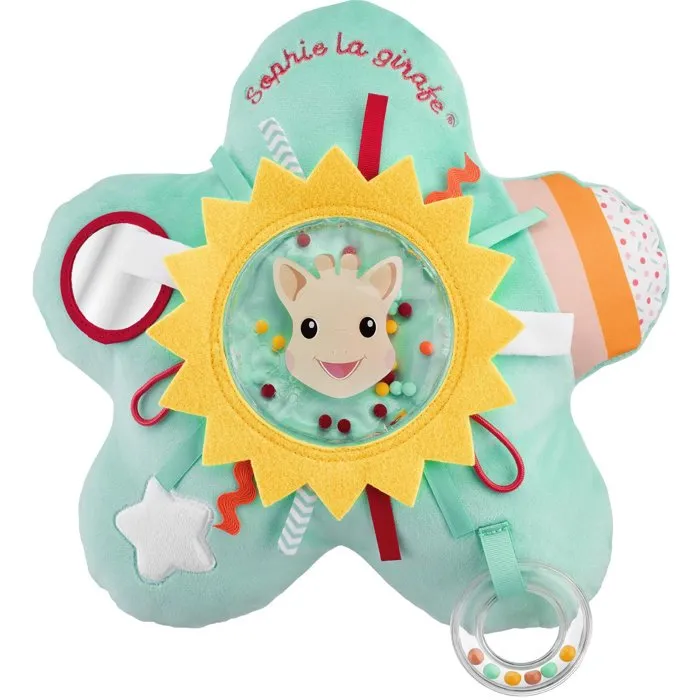 Sophie La Girafe - Coussin d'éveil Soleil avec activités sensorielles (miroir, textures, billes, rubans, papier froissé, anneau sonore)