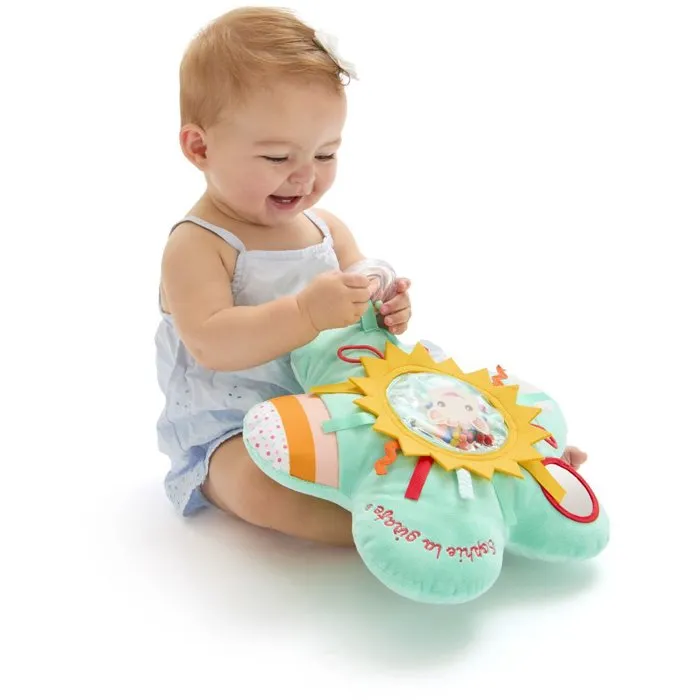 Sophie La Girafe - Coussin d'éveil Soleil avec activités sensorielles (miroir, textures, billes, rubans, papier froissé, anneau sonore)