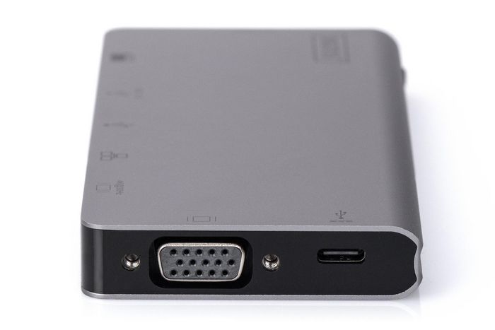 Digitus Station d'accueil USB-C de voyage 8-en-1 - Ports HDMI, VGA, 2x USB 3.0, USB-C PD 100W, Ethernet, lecteurs carte SD/MicroSD, gris, 4K