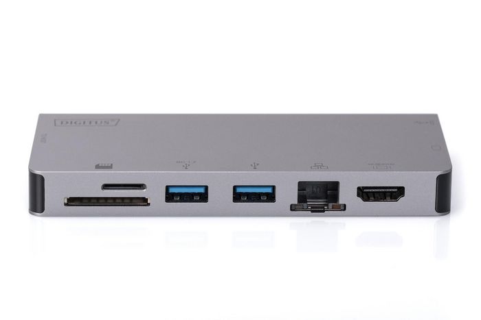 Digitus Station d'accueil USB-C de voyage 8-en-1 - Ports HDMI, VGA, 2x USB 3.0, USB-C PD 100W, Ethernet, lecteurs carte SD/MicroSD, gris, 4K