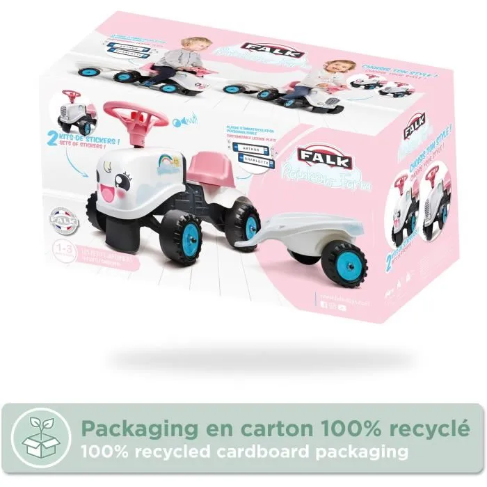 Falk Porteur Tracteur Rainbow Farm pour Filles dès 1 an - Jouet d'Éveil en Plastique Recyclé avec Remorque, Volant et Klaxon - Blanc et Rose - Fabriqué en France