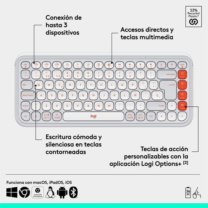 Clavier Logitech Pop Keys Icon Edition Sans Fil – Bluetooth – Design Rétro Compact – Blanc et Orange