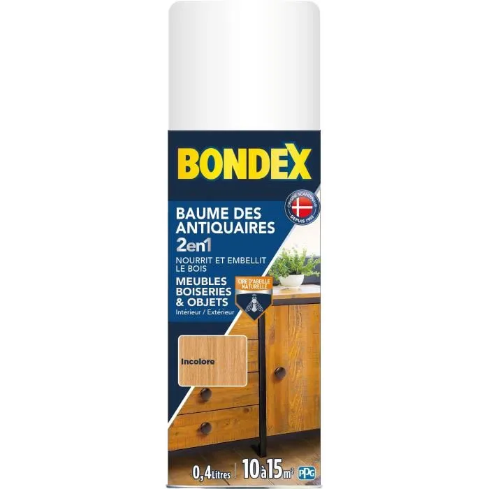 Bondex - Baume des antiquaires 2 en 1 - Aérosol incolore nourrissant pour bois - 0,4 L - Rendement 10-15 m² Bondex - Baume des antiquaires 2 en 1 - Aérosol incolore nourrissant pour bois - 0,4 L - Rendement 10-15 m²