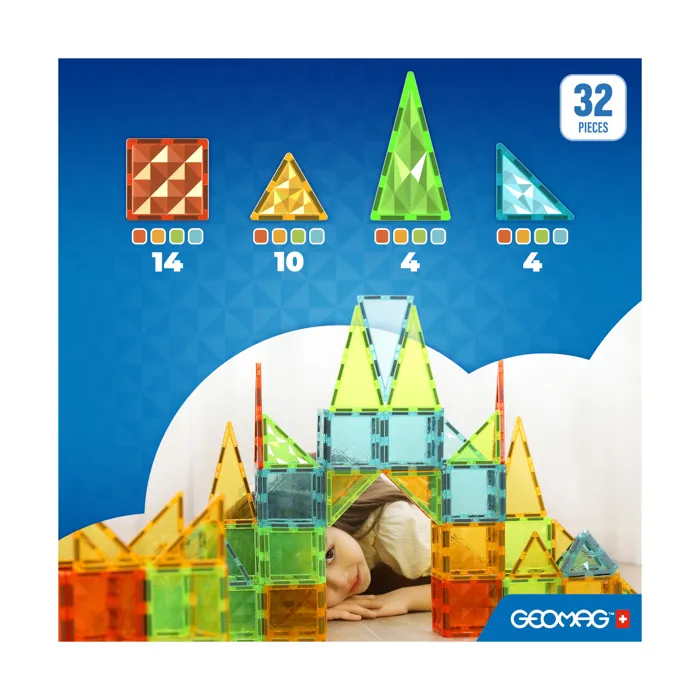 Geomag - Tiles Gems 4101 - Jeu de Construction Magnétique avec 32 Tuiles aux Effets Cristal - Formes Géométriques - Pour Enfants 3 ans et plus
