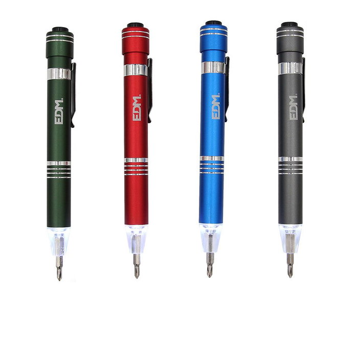 Edm Light Driver Tournevis Lampe de Travail LED 0.7W avec 6 Embouts Magnétiques IP44 - Couleurs Assorties