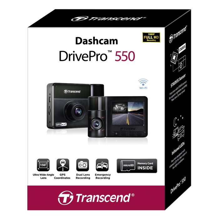 Transcend DrivePro 550 Dual 1080p avec 2 objectifs et microSDXC 64 Go