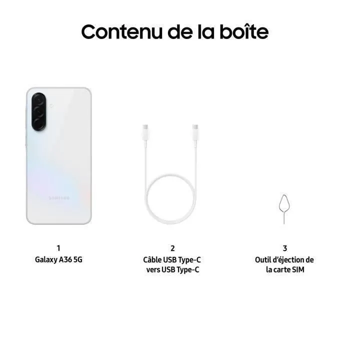 Samsung Galaxy A36 5G Smartphone 128 Go Blanc - Ecran 6.7" Super AMOLED 120Hz, Appareil Photo Principal 50MP avec Stabilisation, Selfie 12MP HDR, Charge Rapide 45W