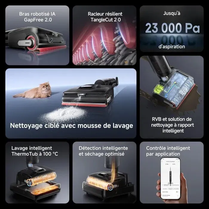 Dreame H15 Pro FoamWash Aspirateur Laveur et Serpillère Robot à Mousse Ciblée, Bras IA 2.0, Aspiration 23000 Pa, Nettoyage à l'Eau Chaude