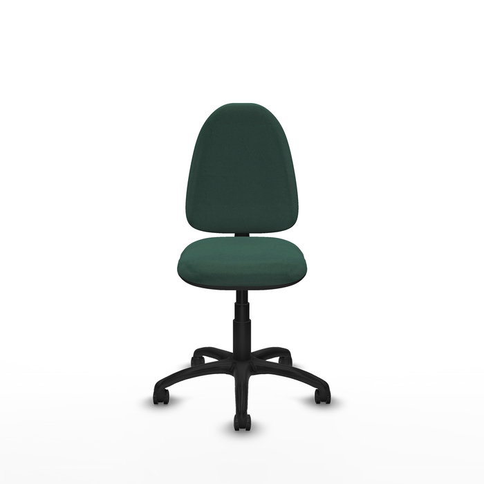 Chaise de bureau Aýna avec mécanisme de contact permanent de base, rembourrée de tissu vert bouteille. Équipée d'une base en polyamide noir, sans accoudoirs et de roulettes pour parquet