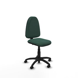 Chaise de bureau Aýna avec mécanisme de contact permanent de base, rembourrée de tissu vert bouteille. Équipée d'une base en polyamide noir, sans accoudoirs et de roulettes pour parquet
