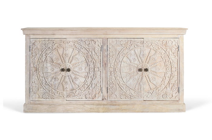 GINER Y COLOMER Buffet 4 portes en bois de manguier massif couleur sable fabriqué à la main - Avec sculptures et étagères intérieures GINER Y COLOMER Buffet 4 portes en bois de manguier massif couleur sable fabriqué à la main - Avec sculptures et étagères intérieures