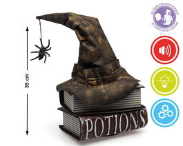 Décor de Livres Ensorcelés avec Chapeau de Sorcière et Araignée 35 cm, avec Lumière, Son et Mouvement - Accessoire pour Halloween, Harry Potter ou Fantasy