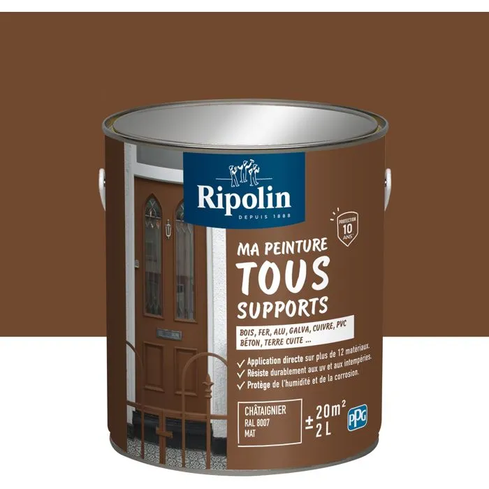 Ripolin - Peinture multi-supports 2 litres - Bois, fer, aluminium, béton, PVC - Mat - Teinte Châtaigner RAL 8007 - Résistante aux intempéries et à l'humidité
