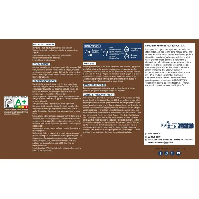 Ripolin - Peinture multi-supports 2 litres - Bois, fer, aluminium, béton, PVC - Mat - Teinte Châtaigner RAL 8007 - Résistante aux intempéries et à l'humidité