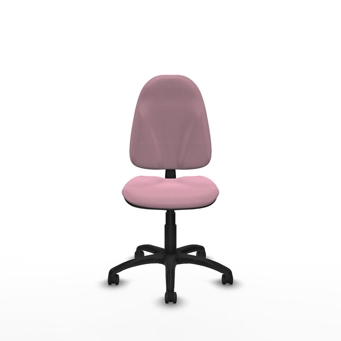Chaise de bureau Algarra avec mécanisme de contact permanent de base, recouverte de tissu rose. Équipée d'une base en polyamide noir, sans accoudoirs et avec roulettes autobloquantes.