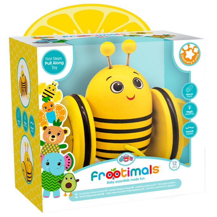 Frootimals Bizzy Lemonbee - Arrastrador de madera pour premiers pas - Jouet de tir pour bébé avec personnage et roues en caoutchouc