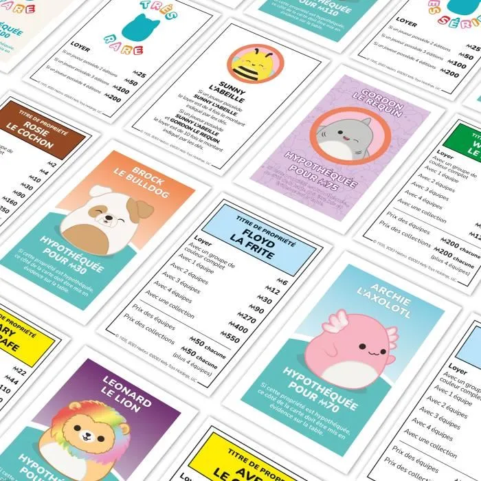 Winning Moves Monopoly Squishmallows - Jeu de société avec peluches exclusives Fifi, Leonard, Gary, Malcolm, Floyd, Maui et Cam the Cat - Dès 8 ans