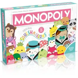 Winning Moves Monopoly Squishmallows - Jeu de société avec peluches exclusives Fifi, Leonard, Gary, Malcolm, Floyd, Maui et Cam the Cat - Dès 8 ans