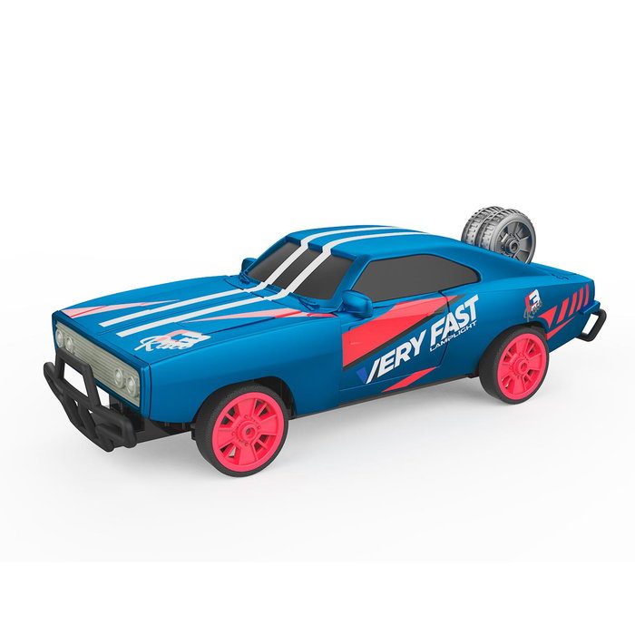 TACHAN - Voiture télécommandée RC Drift Rétro 2.4G, cônes inclus, multilingue (anglais, français, allemand, italien, portugais, espagnol), bleu et rouge avec éclairage LED