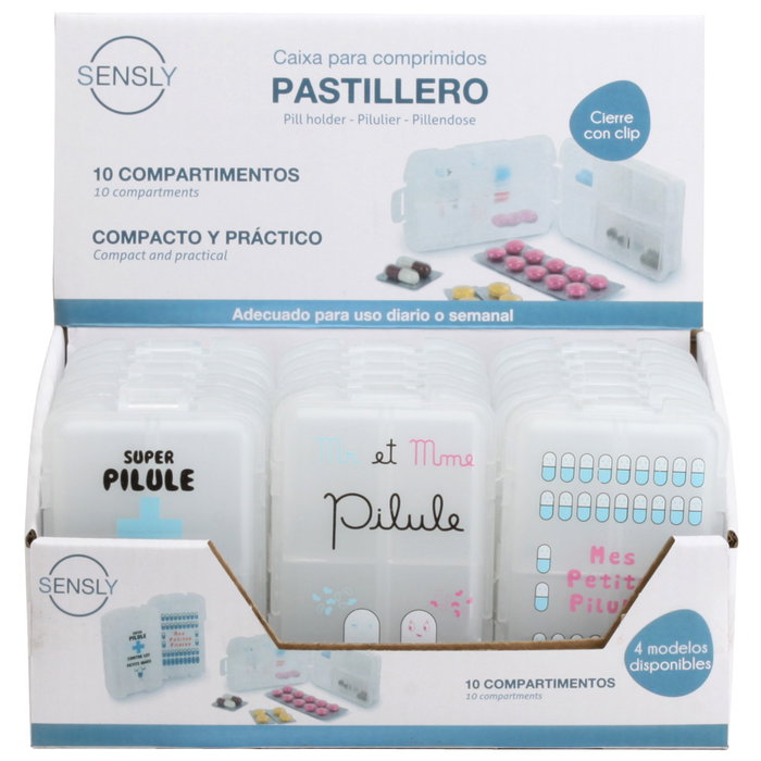 Sensly Pilulier 10 compartiments blanc translucide avec designs variés Sensly Pilulier 10 compartiments blanc translucide avec designs variés